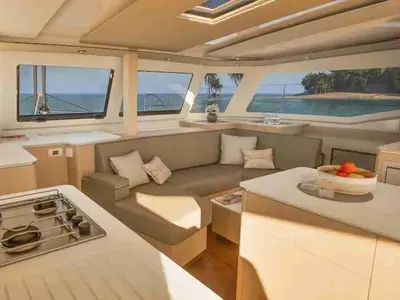 Salon of Sea Eagle III, a Fountaine Pajot New 41 catamaran at Rodi Garganico, Italy