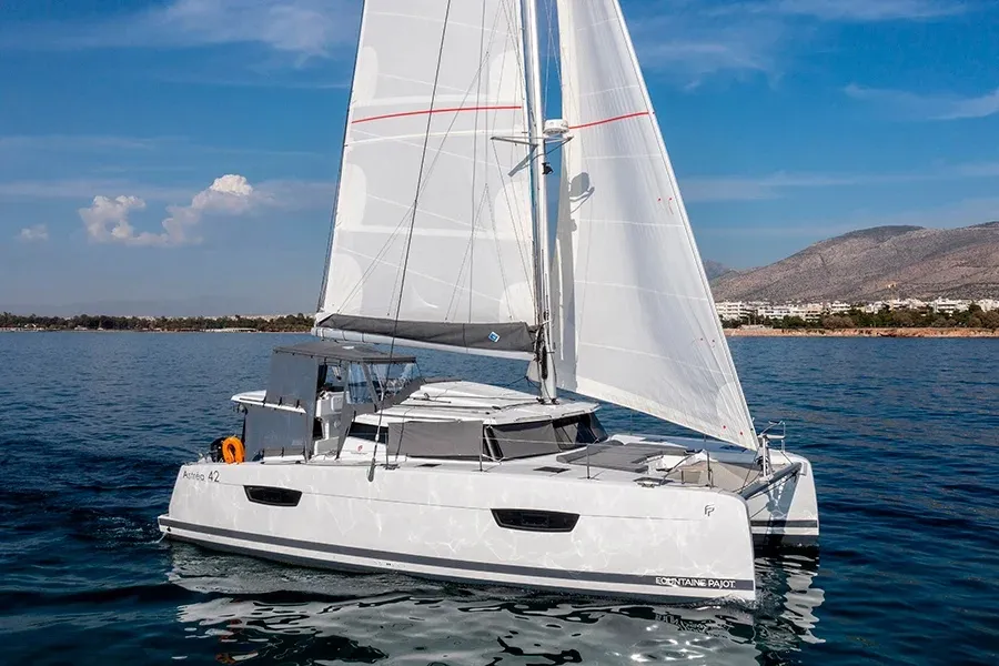 Exterior view of Nou Nou 1, a Fountaine Pajot Astréa 42 catamaran at Lavrion, Greece