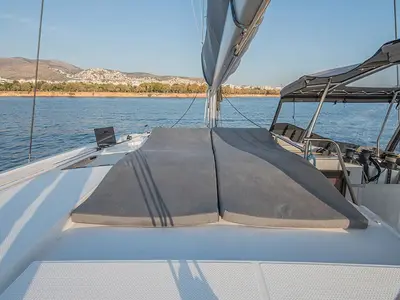 Deck of Nou Nou 1, a Fountaine Pajot Astréa 42 catamaran at Lavrion, Greece