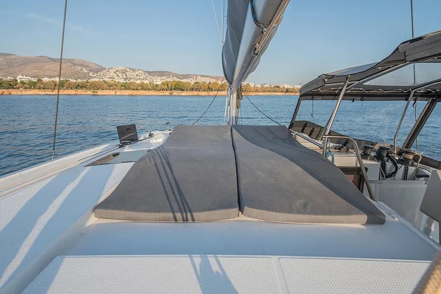 Deck of Nou Nou 1, a Fountaine Pajot Astréa 42 catamaran at Lavrion, Greece