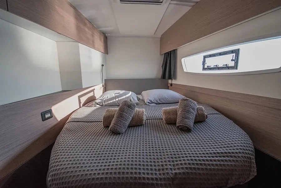 Cabin on Nou Nou 1, a Fountaine Pajot Astréa 42 catamaran at Lavrion, Greece
