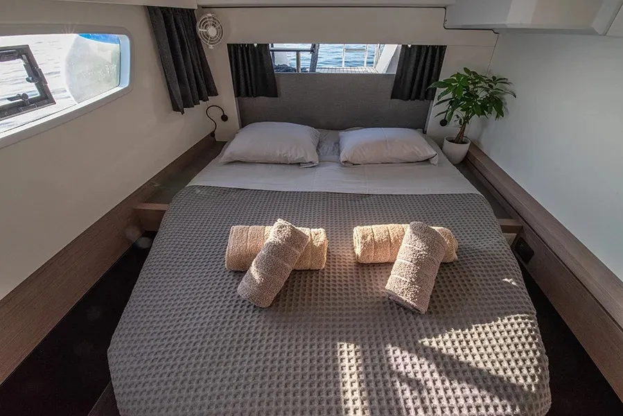 Cabin on Nou Nou 1, a Fountaine Pajot Astréa 42 catamaran at Lavrion, Greece