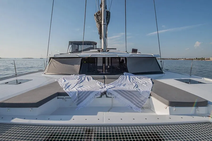 Deck of Nou Nou 1, a Fountaine Pajot Astréa 42 catamaran at Lavrion, Greece