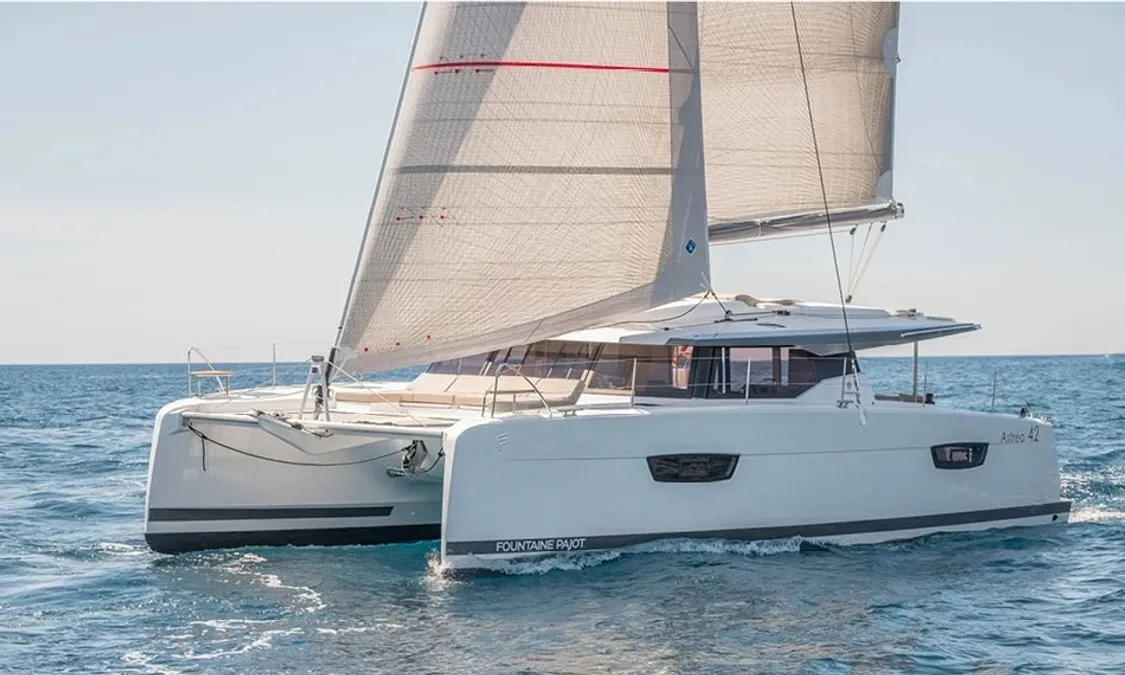 Exterior view of Nou Nou 1, a Fountaine Pajot Astréa 42 catamaran at Lavrion, Greece