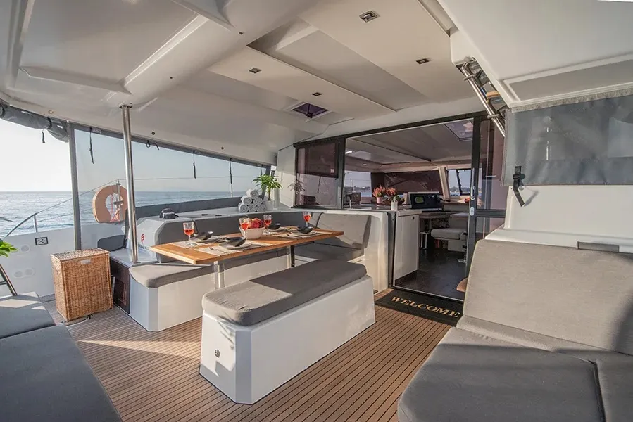 Deck of Nou Nou 1, a Fountaine Pajot Astréa 42 catamaran at Lavrion, Greece