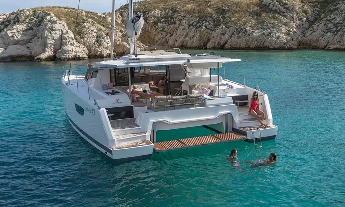 Exterior view of Nou Nou 1, a Fountaine Pajot Astréa 42 catamaran at Lavrion, Greece
