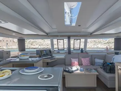 Salon of Nou Nou 1, a Fountaine Pajot Astréa 42 catamaran at Lavrion, Greece