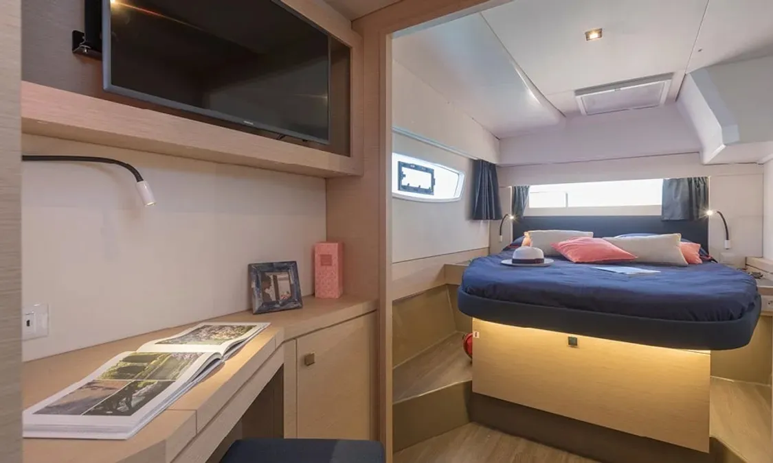 Cabin on Nou Nou 1, a Fountaine Pajot Astréa 42 catamaran at Lavrion, Greece
