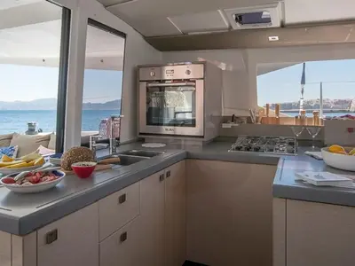 Galley of Nou Nou 1, a Fountaine Pajot Astréa 42 catamaran at Lavrion, Greece