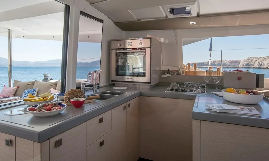 Galley of Nou Nou 1, a Fountaine Pajot Astréa 42 catamaran at Lavrion, Greece