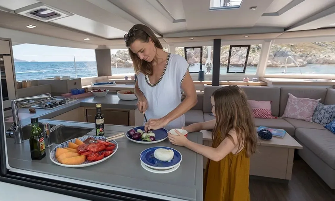 Galley of Nou Nou 1, a Fountaine Pajot Astréa 42 catamaran at Lavrion, Greece