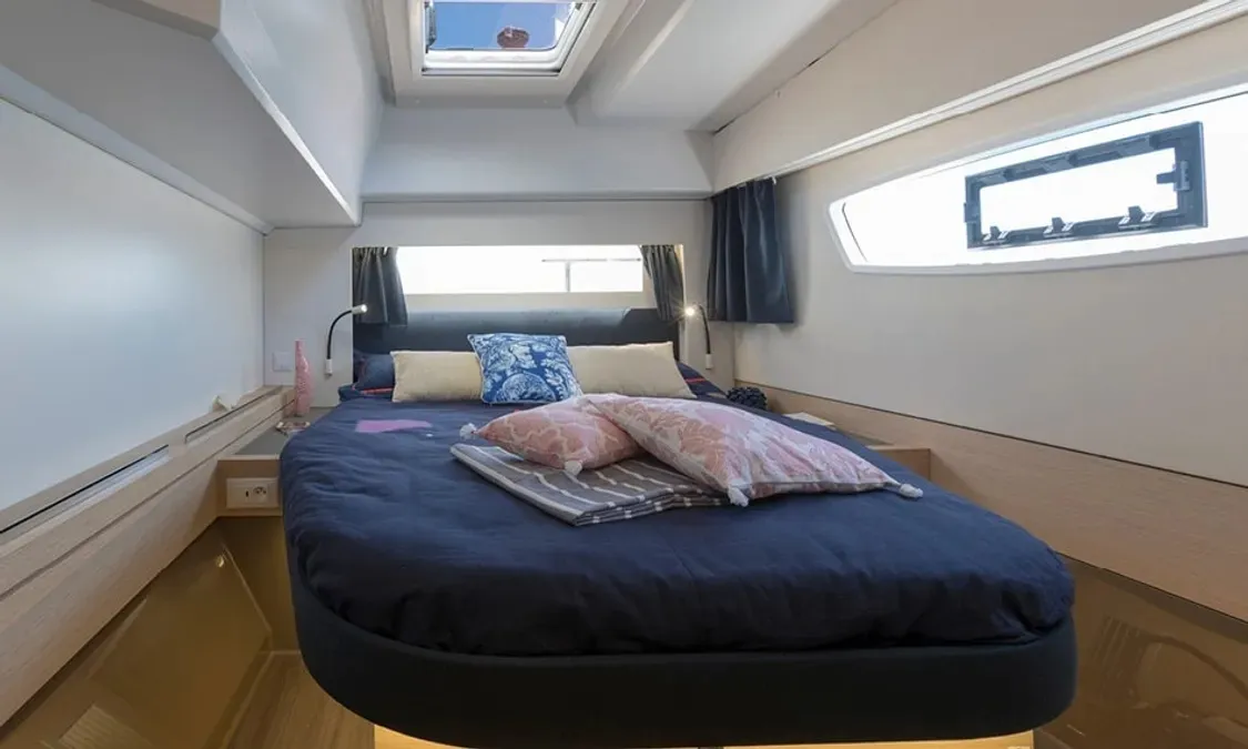 Cabin on Nou Nou 1, a Fountaine Pajot Astréa 42 catamaran at Lavrion, Greece