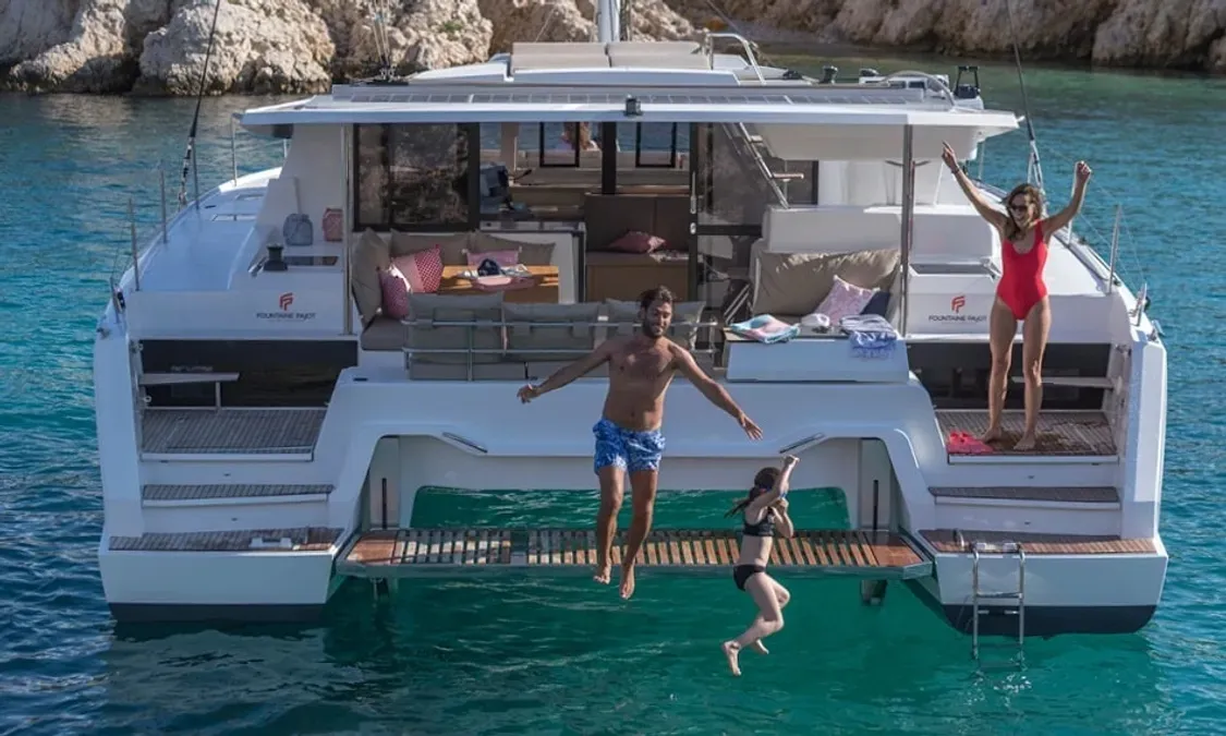 Exterior view of Nou Nou 1, a Fountaine Pajot Astréa 42 catamaran at Lavrion, Greece