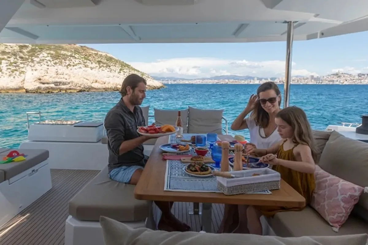 Deck of Nou Nou 1, a Fountaine Pajot Astréa 42 catamaran at Lavrion, Greece