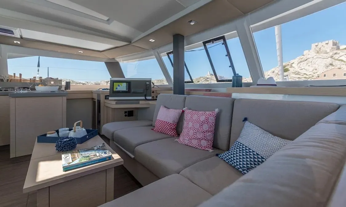 Salon of Nou Nou 1, a Fountaine Pajot Astréa 42 catamaran at Lavrion, Greece
