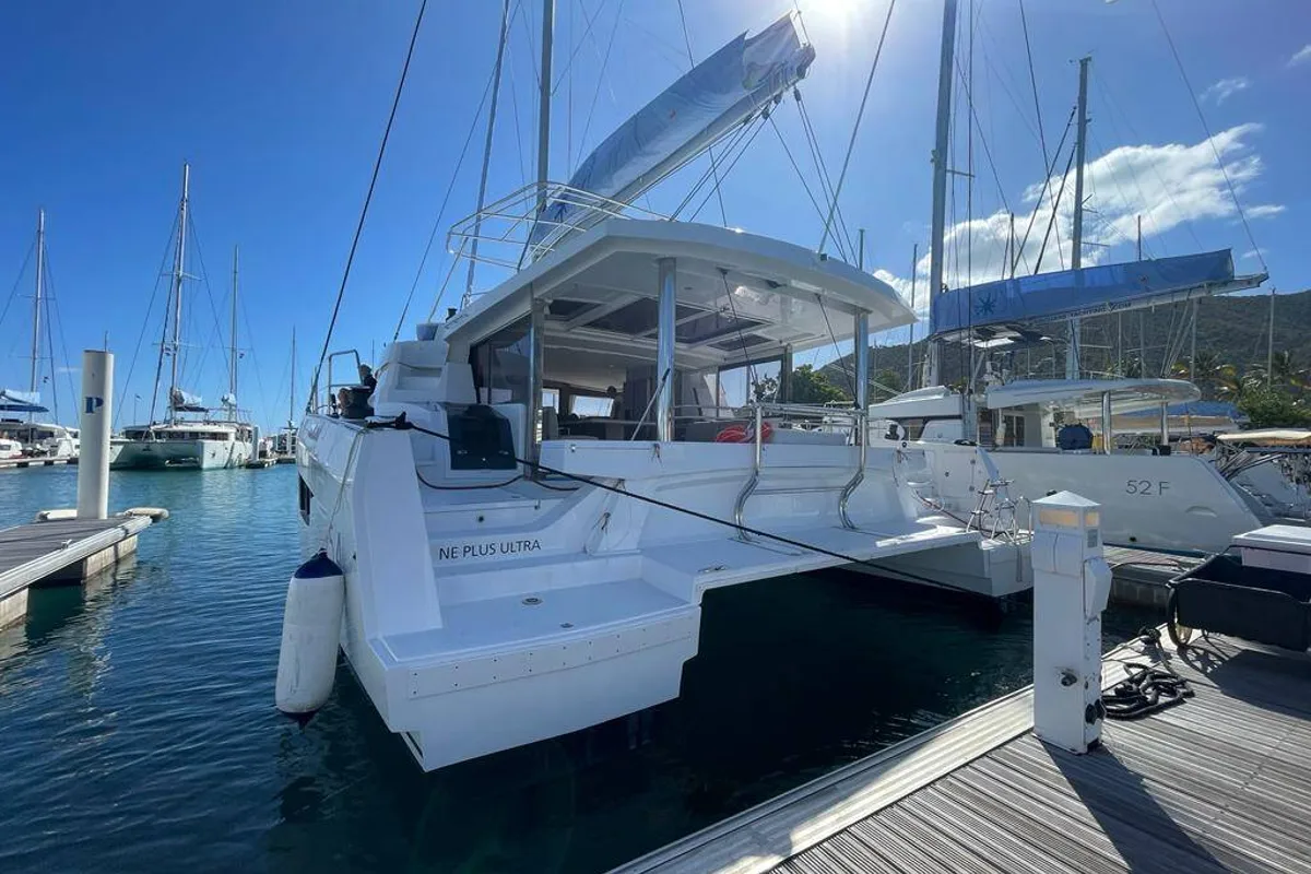 Exterior view of Ne Plus Ultra, a Bali 5.4 catamaran at Road Town, British Virgin Islands