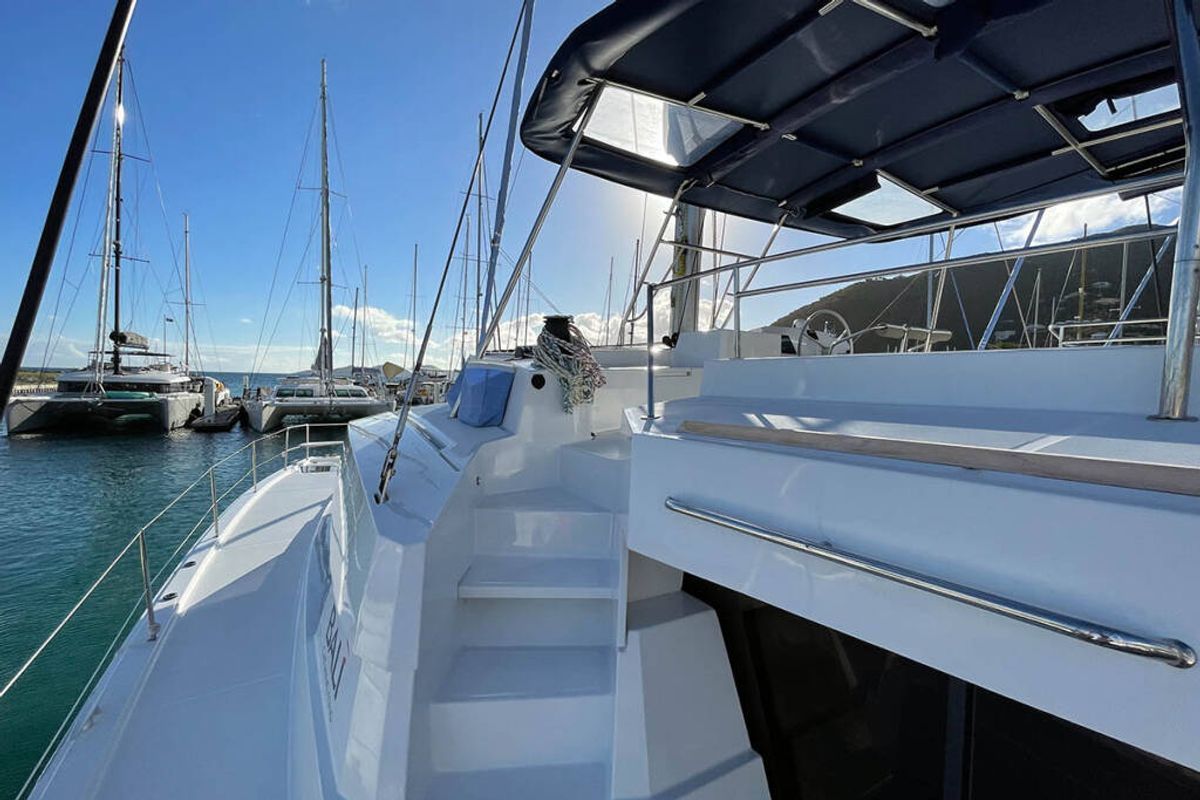 Deck of Ne Plus Ultra, a Bali 5.4 catamaran at Road Town, British Virgin Islands