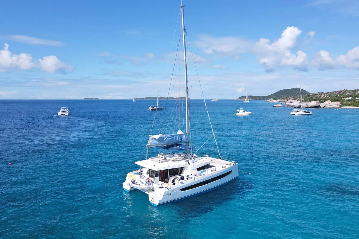 Exterior view of Ne Plus Ultra, a Bali 5.4 catamaran at Road Town, British Virgin Islands
