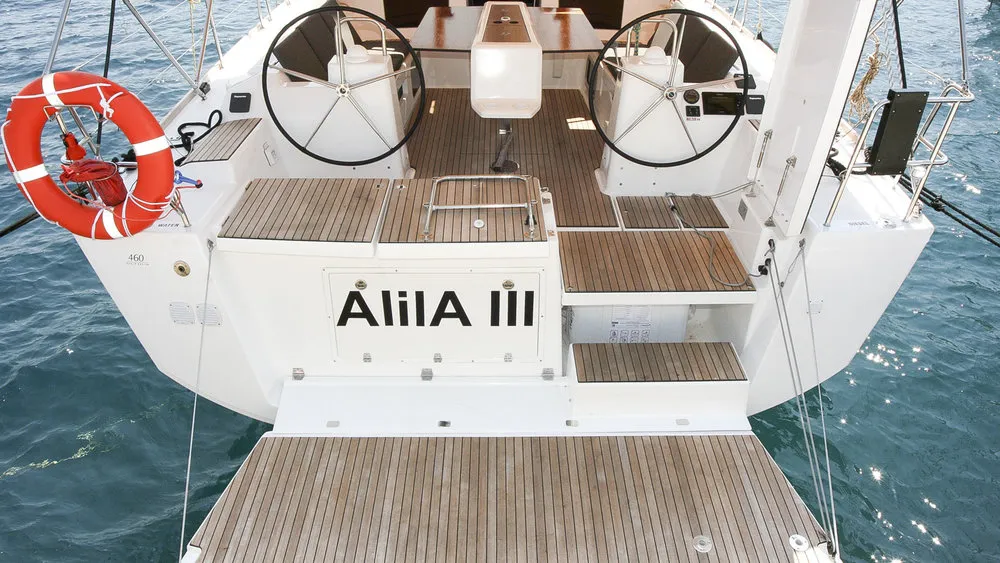 Cockpit of Alila III, a Dufour 460 GL sailboat at Grad Kaštela, Croatia