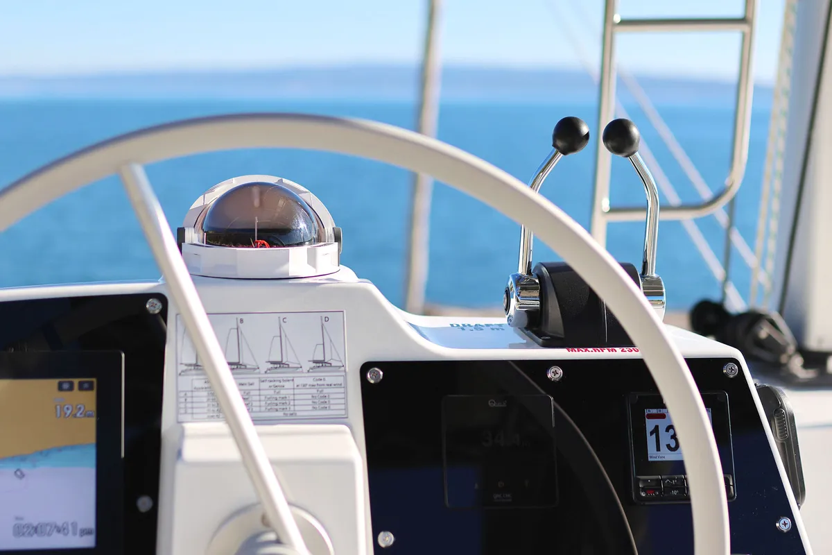 Cockpit of Belle Amie, a Bali 4.6 catamaran at Općina Sukošan, Croatia