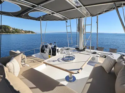 Cockpit of Belle Amie, a Bali 4.6 catamaran at Općina Sukošan, Croatia