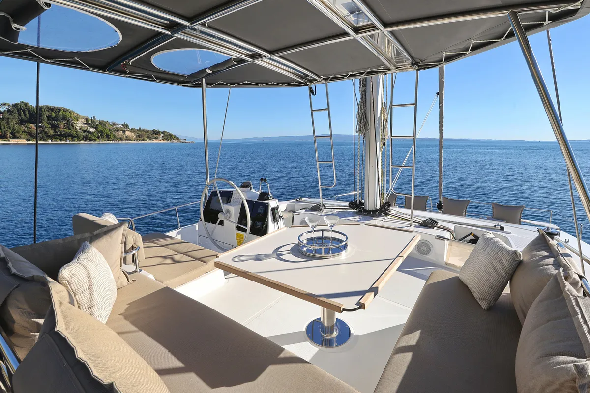 Cockpit of Belle Amie, a Bali 4.6 catamaran at Općina Sukošan, Croatia