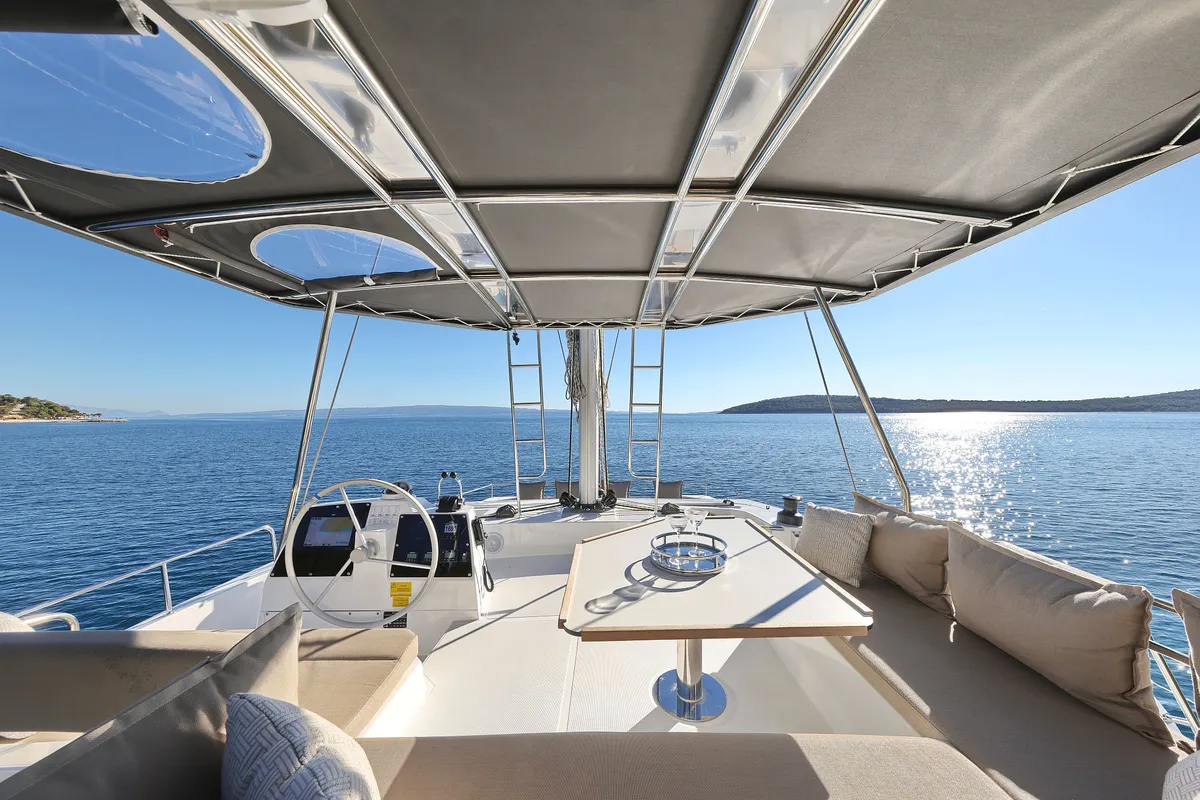 Cockpit of Belle Amie, a Bali 4.6 catamaran at Općina Sukošan, Croatia