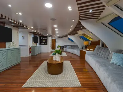 Salon of Ocean Spray, a Gulet Power Catamaran catamaran at Parroquia Puerto Baquerizo Moreno, Ecuador