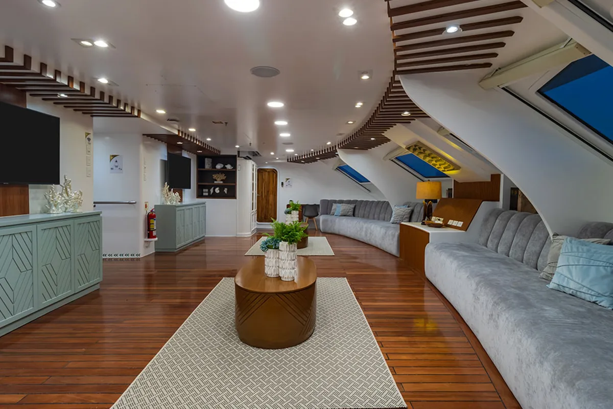 Salon of Ocean Spray, a Gulet Power Catamaran catamaran at Parroquia Puerto Baquerizo Moreno, Ecuador