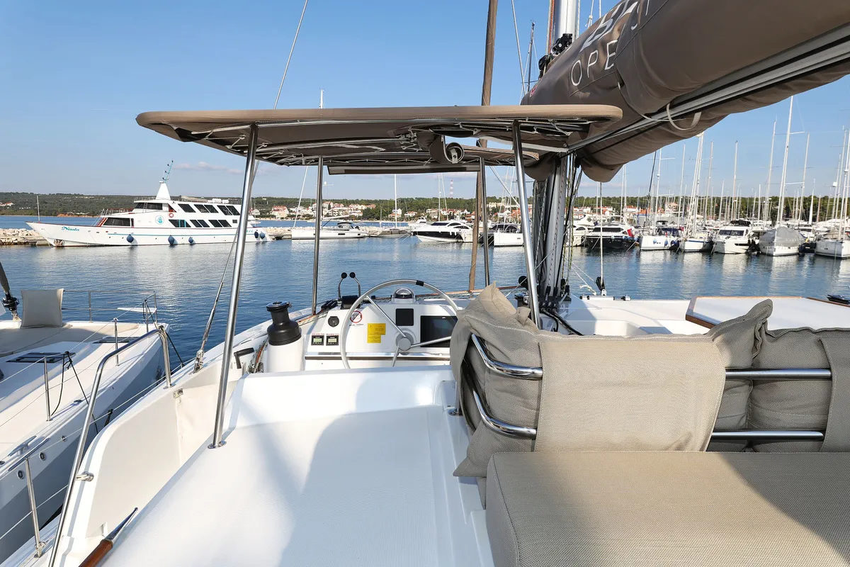 Cockpit of Trinity, a Bali 4.4 catamaran at Grad Biograd na Moru, Croatia