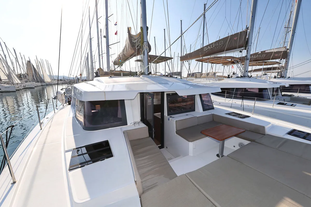 Deck of Trinity, a Bali 4.4 catamaran at Grad Biograd na Moru, Croatia