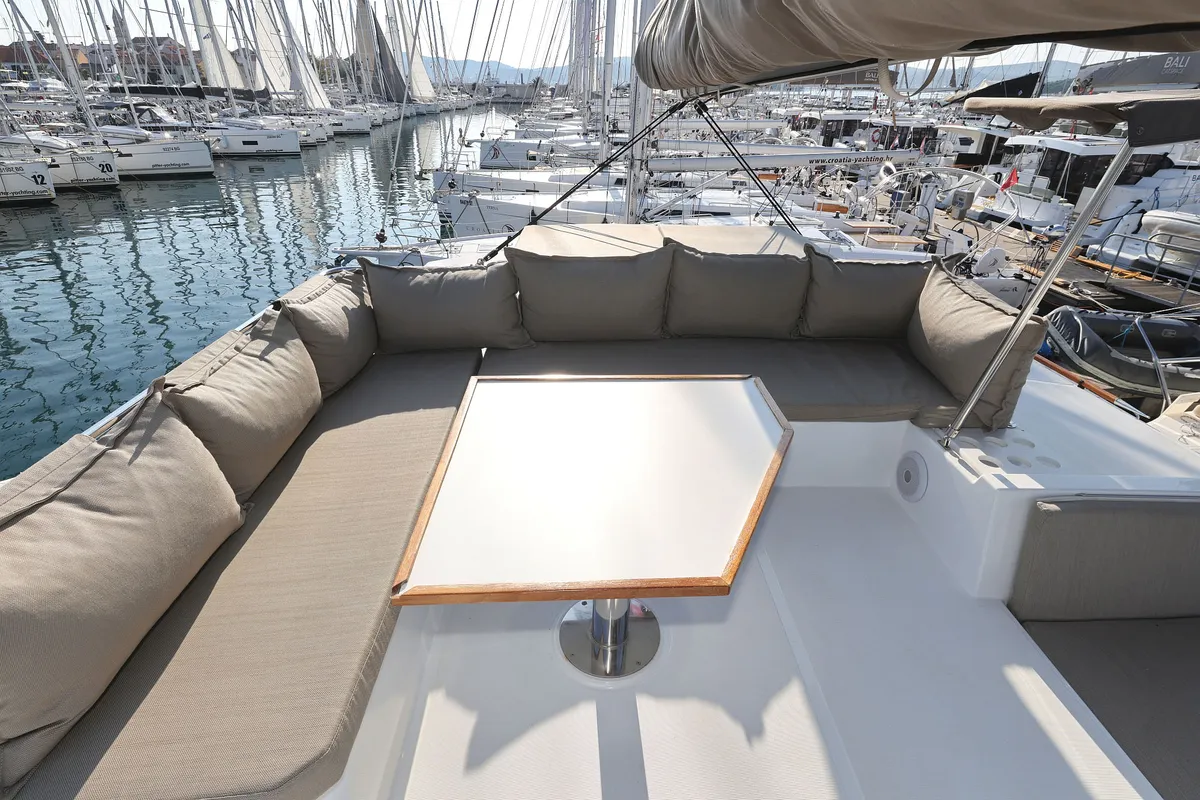 Deck of Trinity, a Bali 4.4 catamaran at Grad Biograd na Moru, Croatia