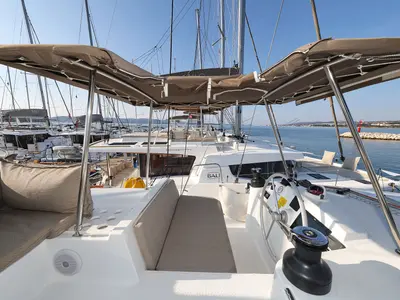 Cockpit of Trinity, a Bali 4.4 catamaran at Grad Biograd na Moru, Croatia