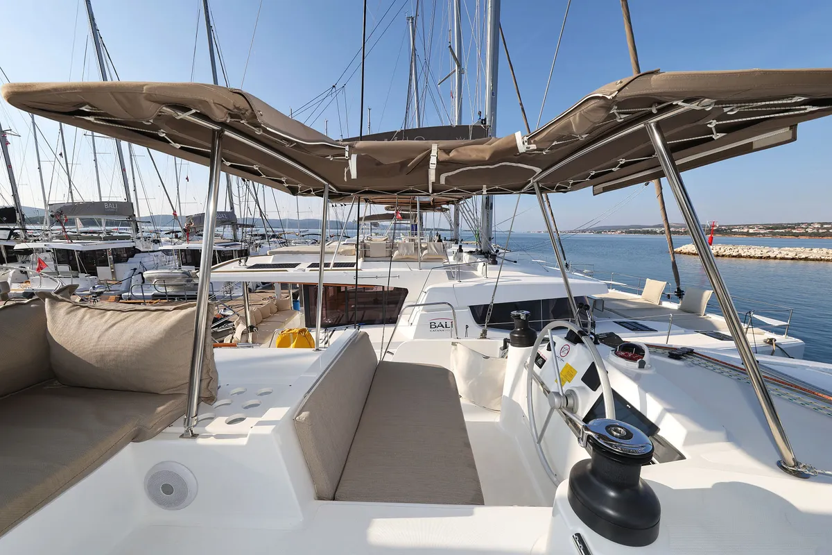 Cockpit of Trinity, a Bali 4.4 catamaran at Grad Biograd na Moru, Croatia
