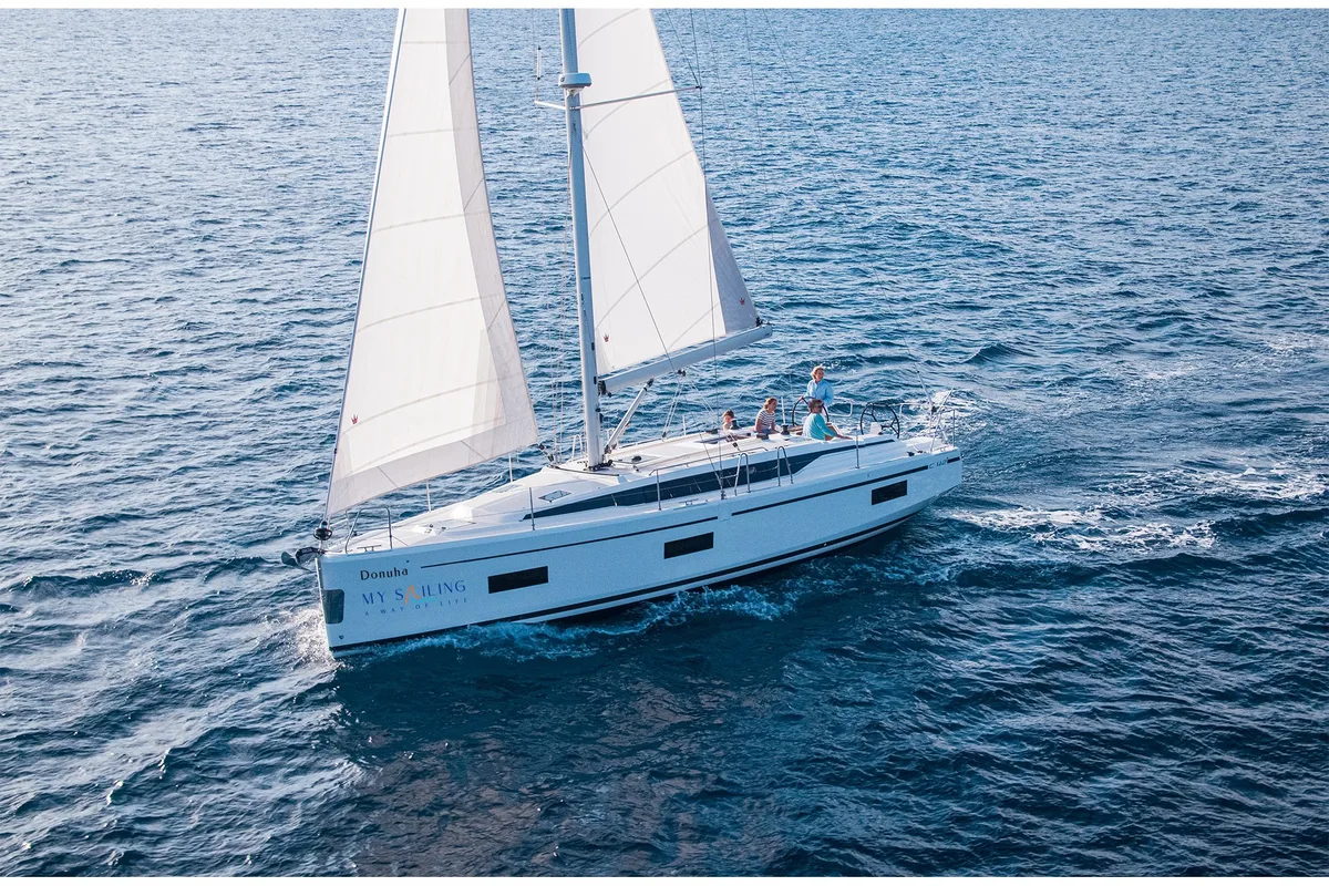 Exterior view of Donuha, a Bavaria C42 sailboat at Marmaris, Turkey