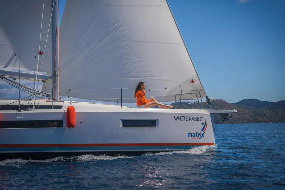 Exterior view of White Rabbit, a Jeanneau Sun Odyssey 440 sailboat at Kaş, Turkey