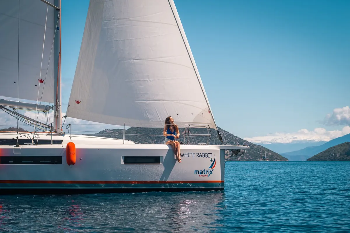 Exterior view of White Rabbit, a Jeanneau Sun Odyssey 440 sailboat at Kaş, Turkey