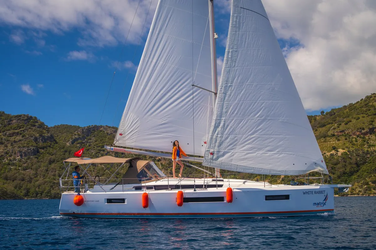 Exterior view of White Rabbit, a Jeanneau Sun Odyssey 440 sailboat at Kaş, Turkey