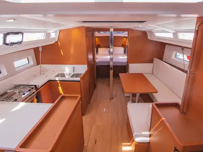 Galley of White Rabbit, a Jeanneau Sun Odyssey 440 sailboat at Kaş, Turkey