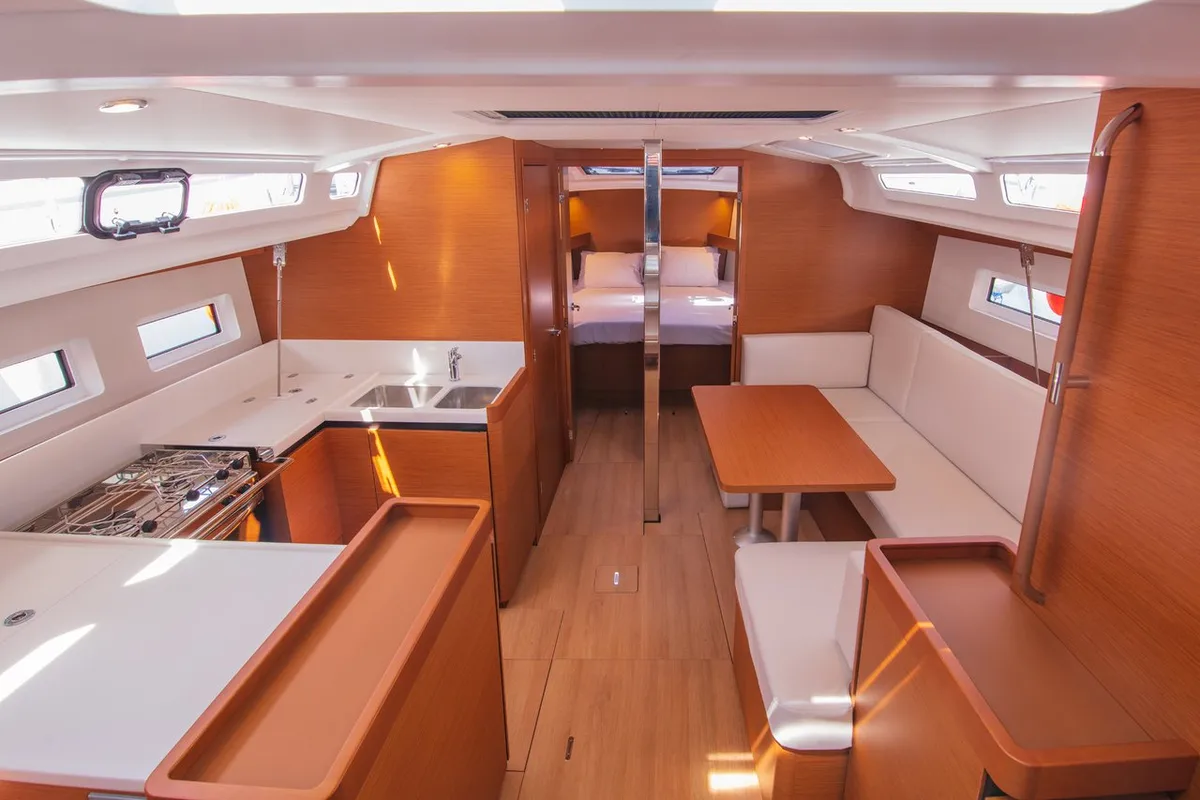 Galley of White Rabbit, a Jeanneau Sun Odyssey 440 sailboat at Kaş, Turkey