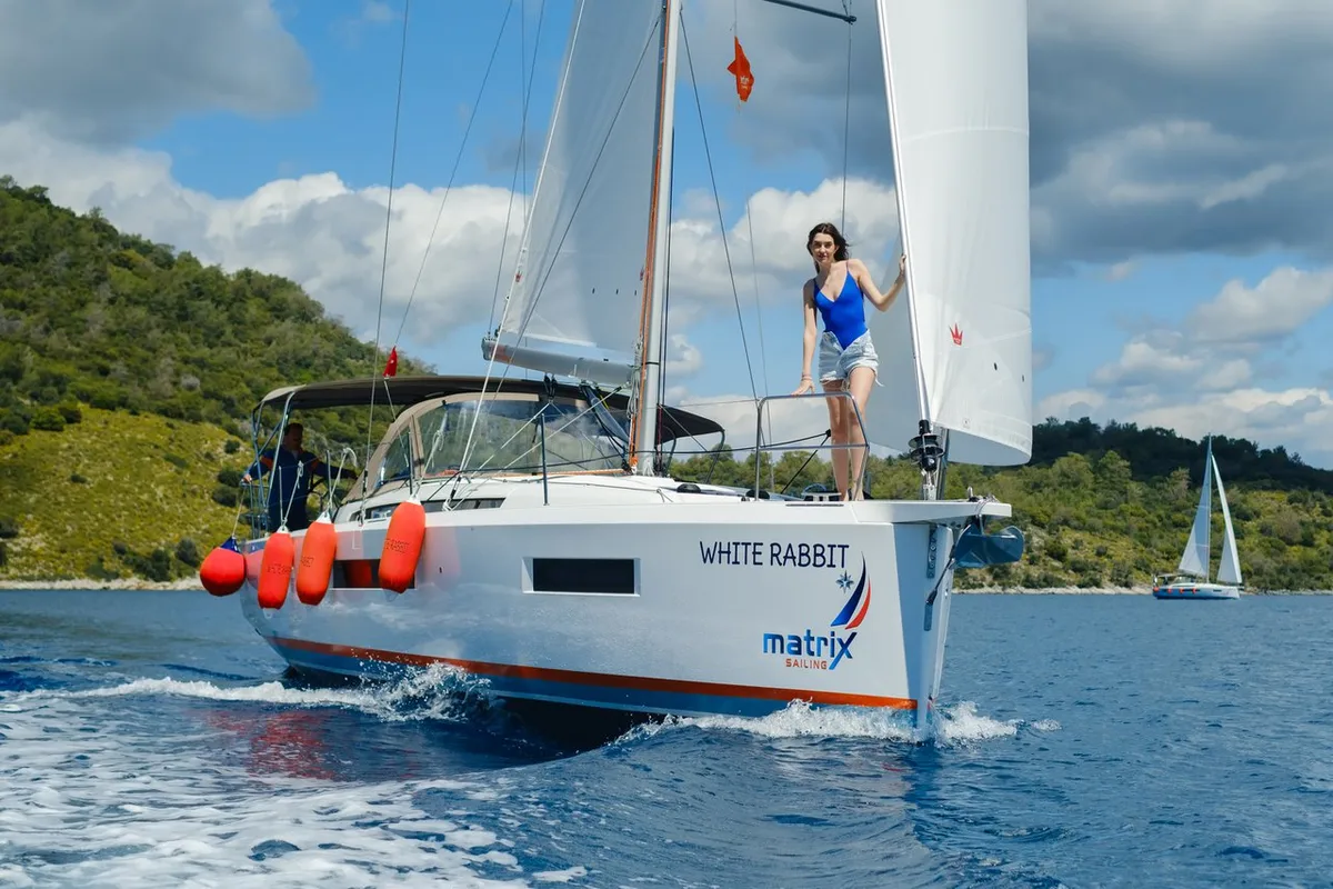 Exterior view of White Rabbit, a Jeanneau Sun Odyssey 440 sailboat at Kaş, Turkey