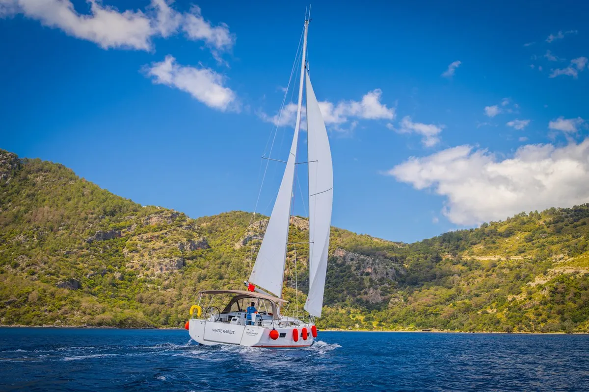 Exterior view of White Rabbit, a Jeanneau Sun Odyssey 440 sailboat at Kaş, Turkey