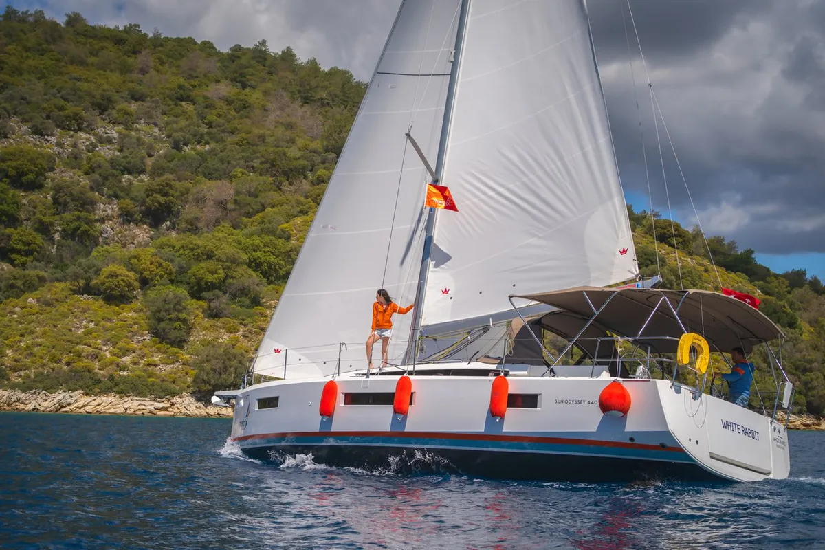 Exterior view of White Rabbit, a Jeanneau Sun Odyssey 440 sailboat at Kaş, Turkey