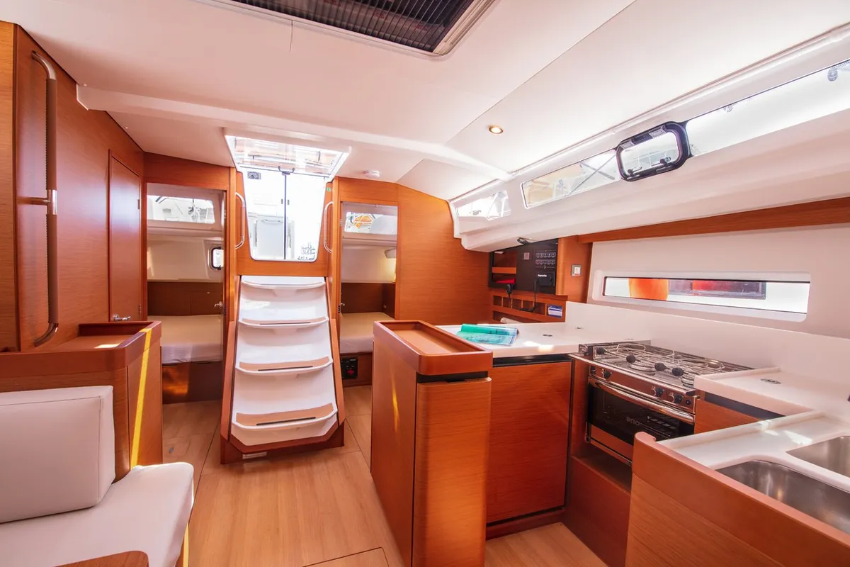 Galley of White Rabbit, a Jeanneau Sun Odyssey 440 sailboat at Kaş, Turkey