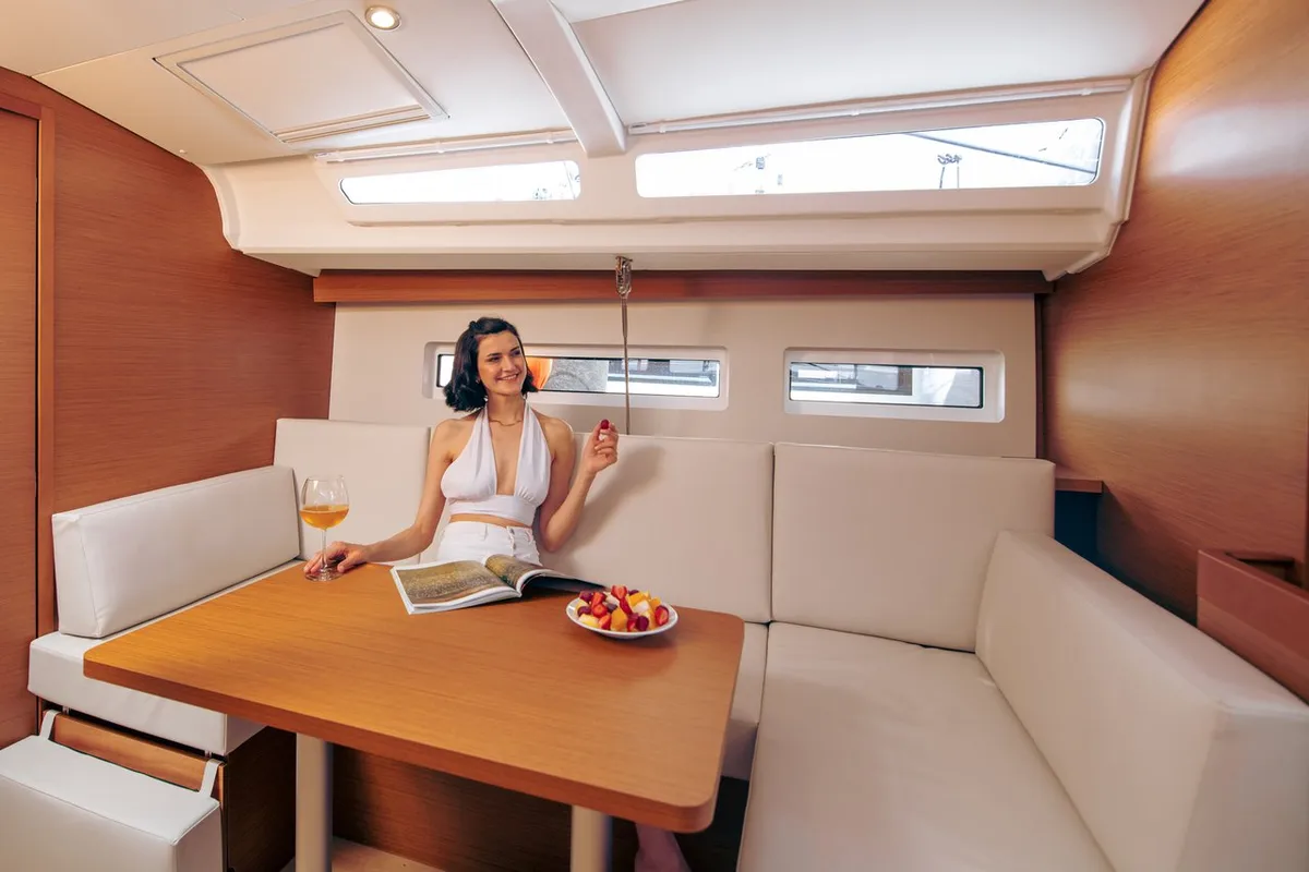 Salon of White Rabbit, a Jeanneau Sun Odyssey 440 sailboat at Kaş, Turkey