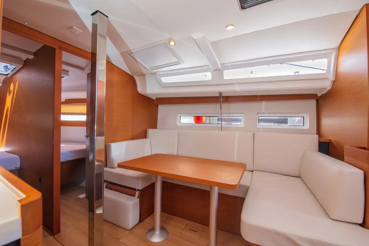 Salon of White Rabbit, a Jeanneau Sun Odyssey 440 sailboat at Kaş, Turkey