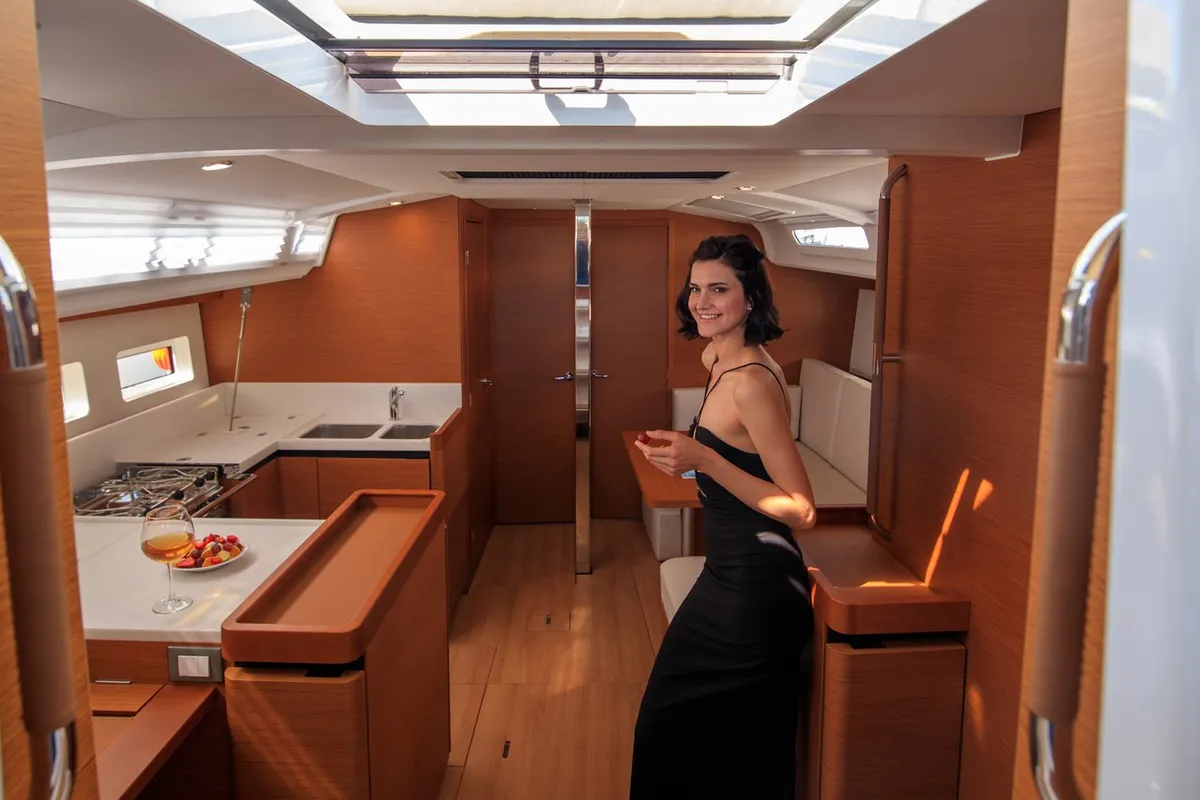 Salon of White Rabbit, a Jeanneau Sun Odyssey 440 sailboat at Kaş, Turkey