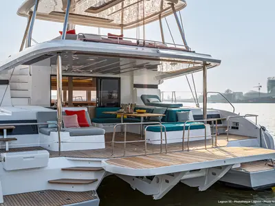 Deck of ESPERANCE, a Lagoon 55 catamaran at Nea Peramos, Greece