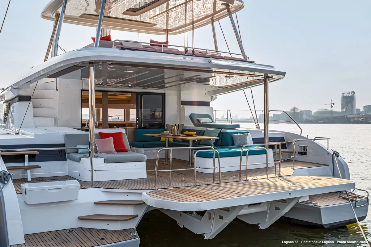 Deck of ESPERANCE, a Lagoon 55 catamaran at Nea Peramos, Greece