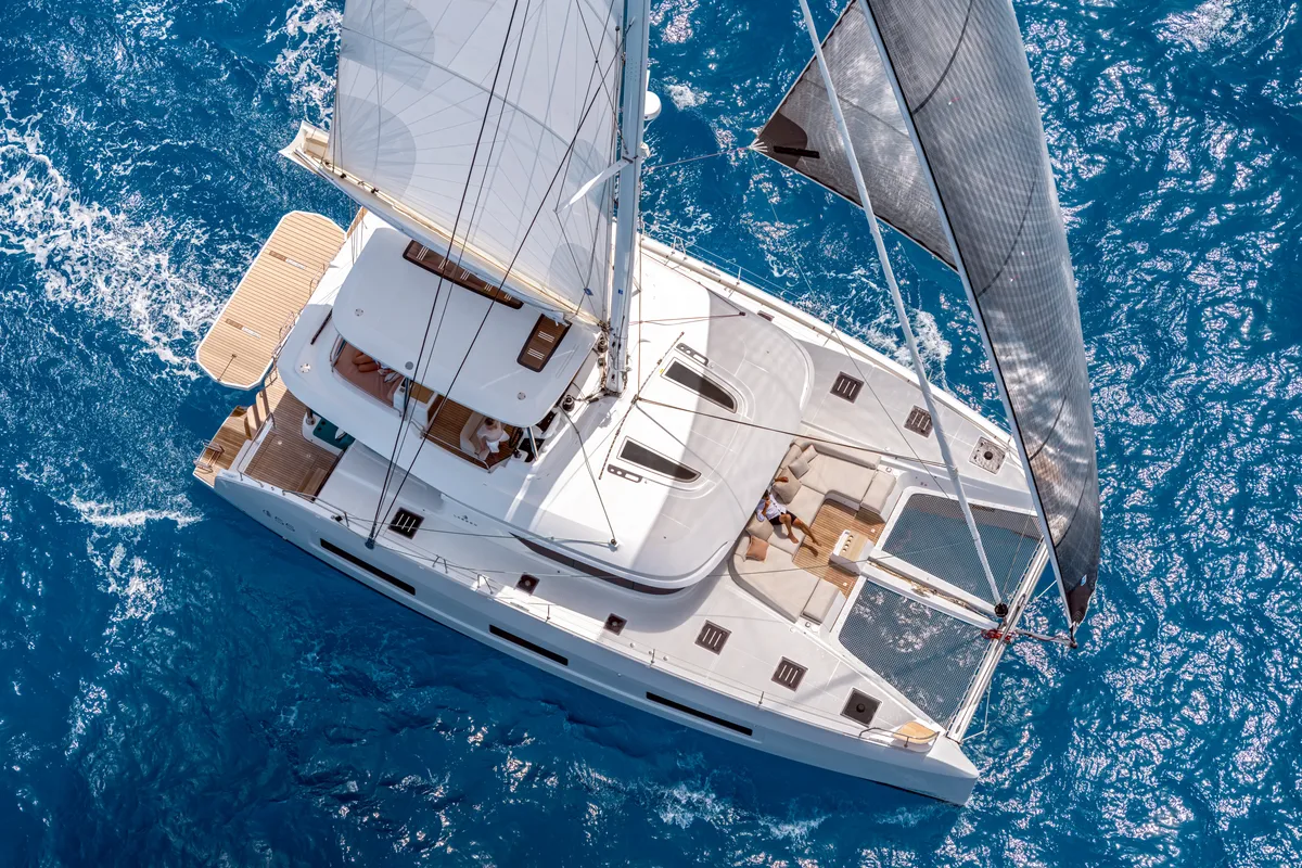Exterior view of ESPERANCE, a Lagoon 55 catamaran at Nea Peramos, Greece